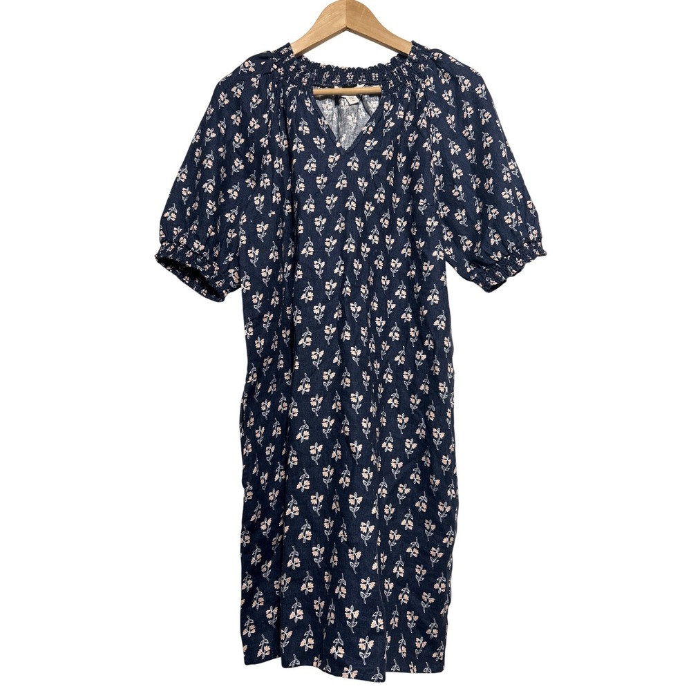 Garnet‎ Hill Linen Floral Smocked Neck Puff Sleeve Dress Navy Peach Size 10